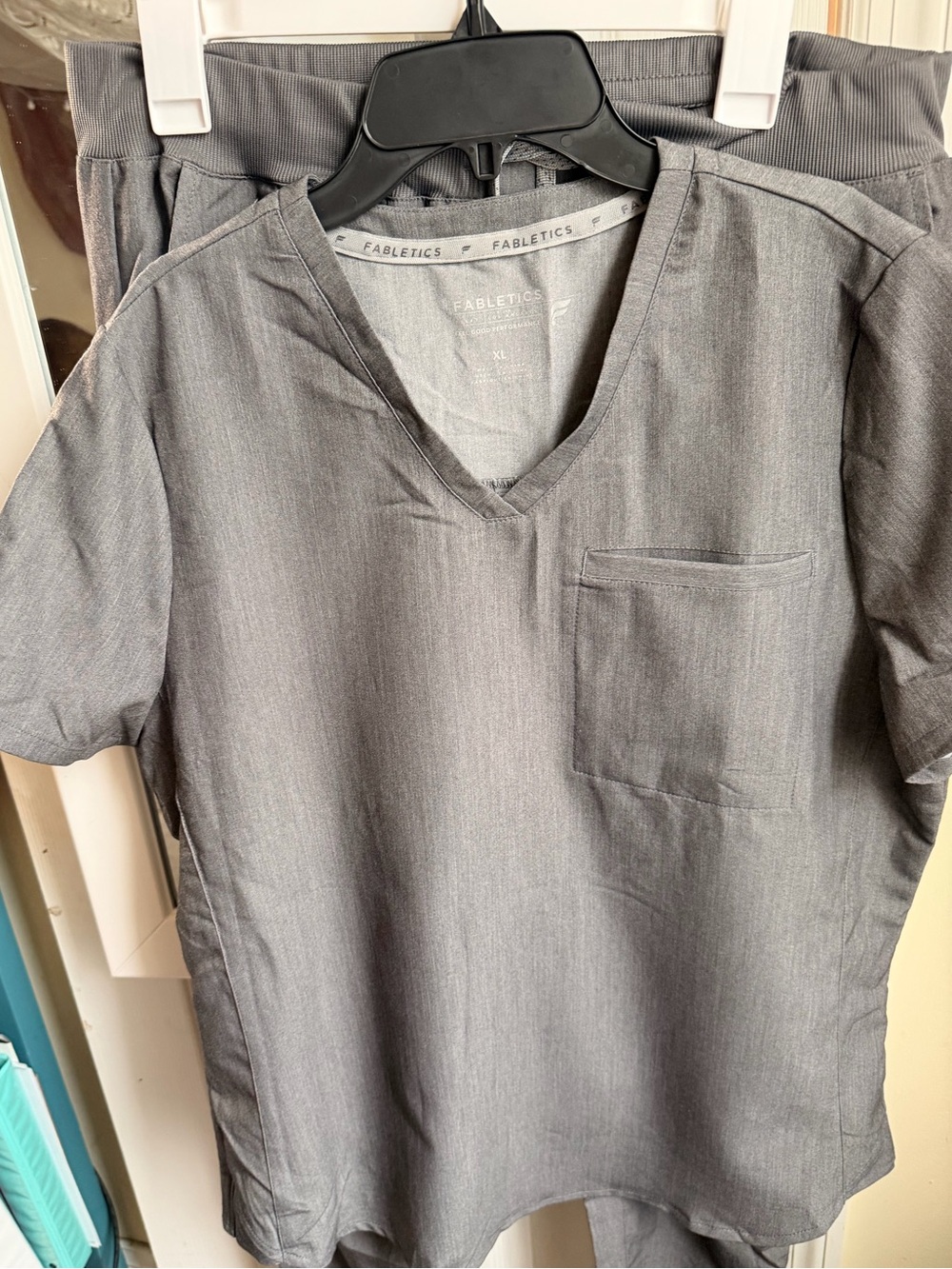 Fabletics Women’s Gray V-Neck Short Sleeve Shirt with Chest Pocket and Joggers